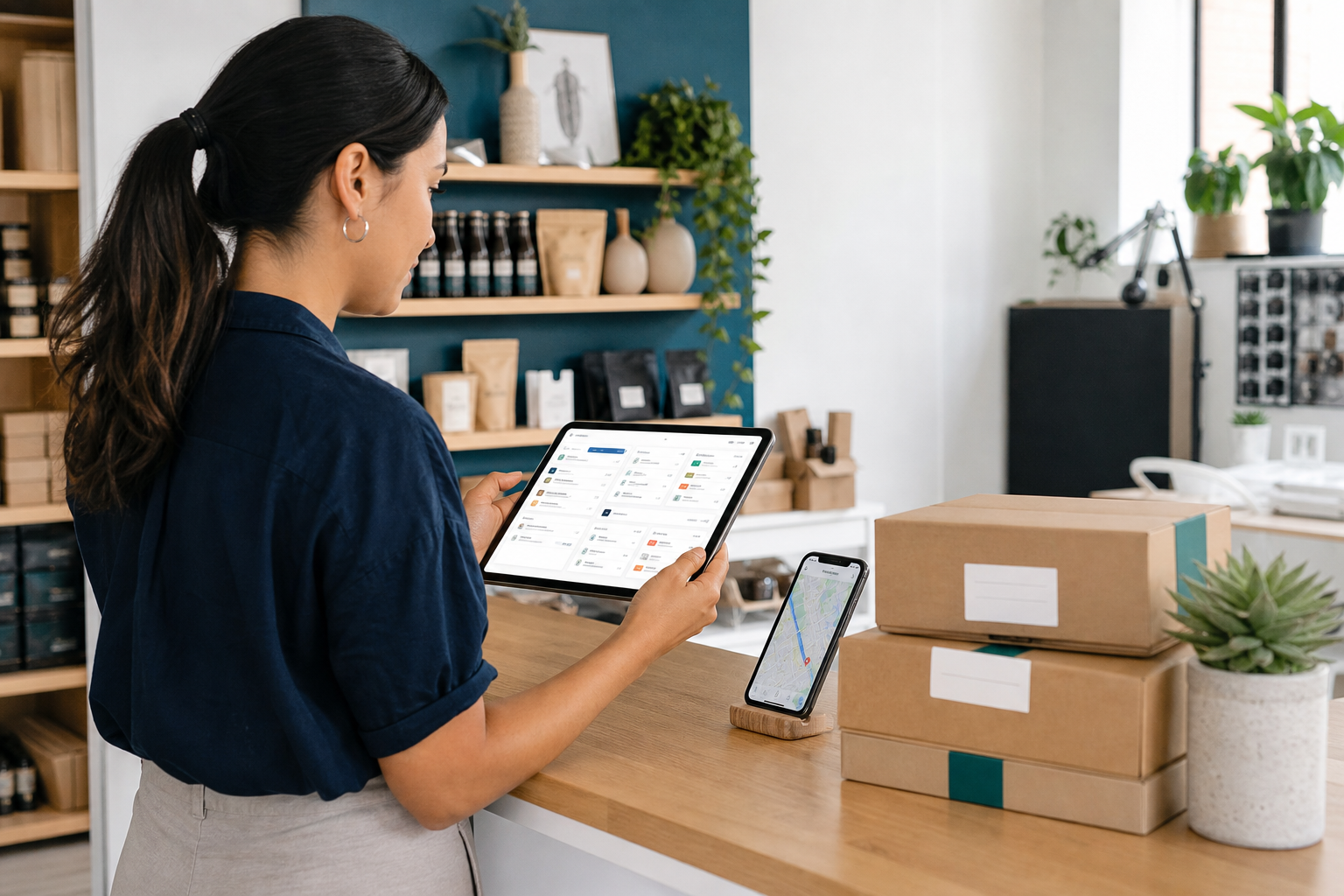 Tienda organizada con tablet de operación y seguimiento de entregas